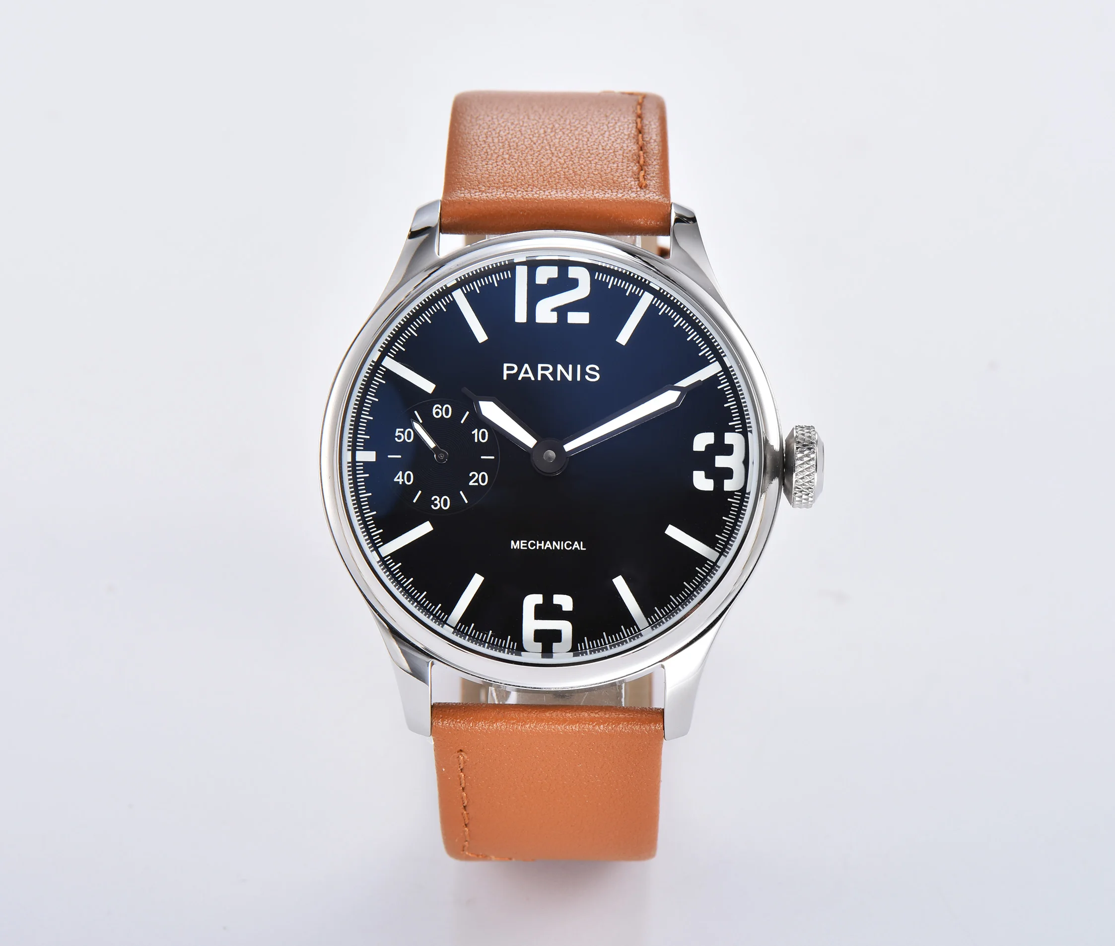 PARNIS Round Stainless Steel Men Watch 6497 Movement leather Band Simple Blakc Dial Leather Band