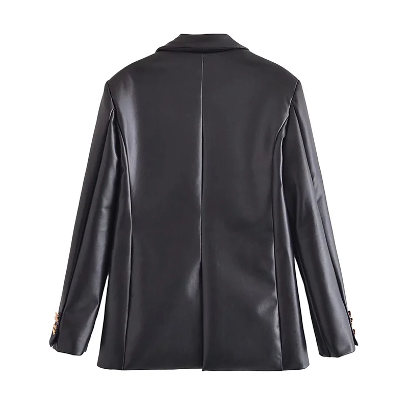 PUWD Casual Women Black Faux Leather Suit Jacket 2021 Autumn/Winter High Street Commuter Pure Color Single Button Female Outwear