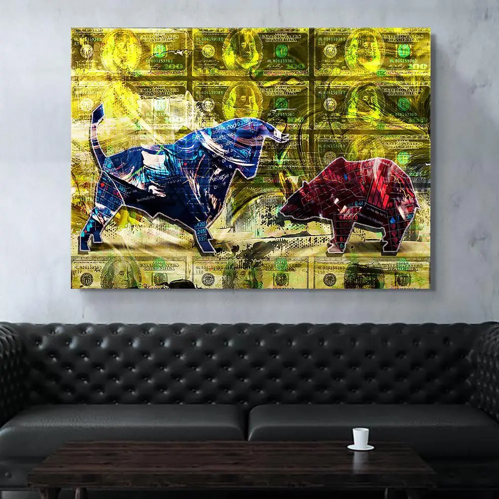 Poster Leinwand Schilderung Bull En Beer War Wand Kunst Dekor Poster En Drucke Kamer Decor Foto'S Voor Home Design Wand kunst