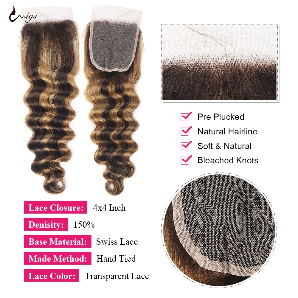 Highlight Loose Deep Wave Bundles with Closure Brown Human Hair Bundles with Closure  Ombre Honey Blonde Bundles with Closure