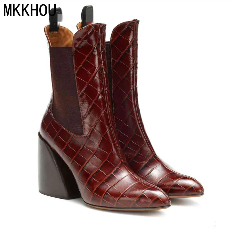 

MKKHOU Fashion Short Boots Leather Boots Women's New Winter Cowhide Pointed Thick Heel High Heel Commuter Boots Large Size 34-43