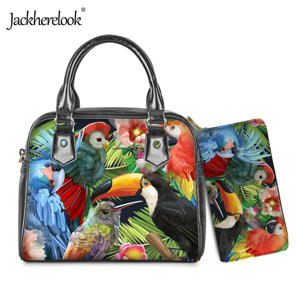 

Jackherelook Colorful Parrot Print Female PU Tote Bag Handbag Clutch Wallet 2pcs/Set Womens Luxury Messenger Bag Bolsos Mujer