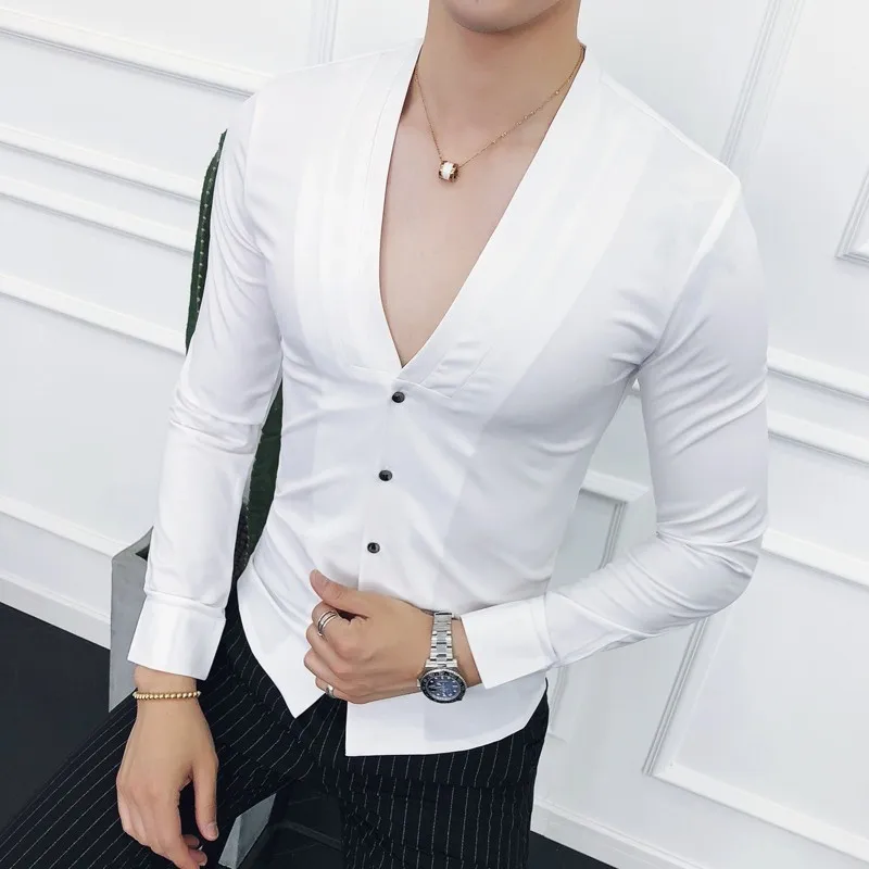 V Sexy Deep Collarless Shirt Autumn Long Sleeve Slim Fit Pleating Dress Shirt Camisa Masculina Wine Red Club Party Shirt