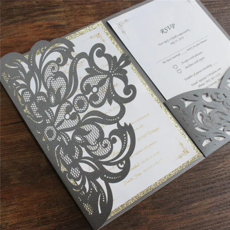 Laser Cut Wedding Invitation Set Custom Glitter Invite Belly Band Printing Party Decoration Supply