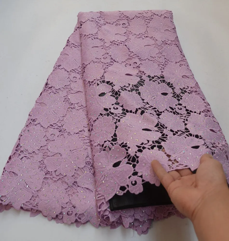 

5yards/PC Beautiful flowers design water soluble lace high quality African guipure Milk Silk lace fabric with stones