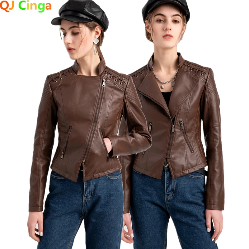 Abrigo marrón de manga larga para mujer, chaqueta de cuero PU para motocicleta, chaqueta de primavera y otoño, nueva moda