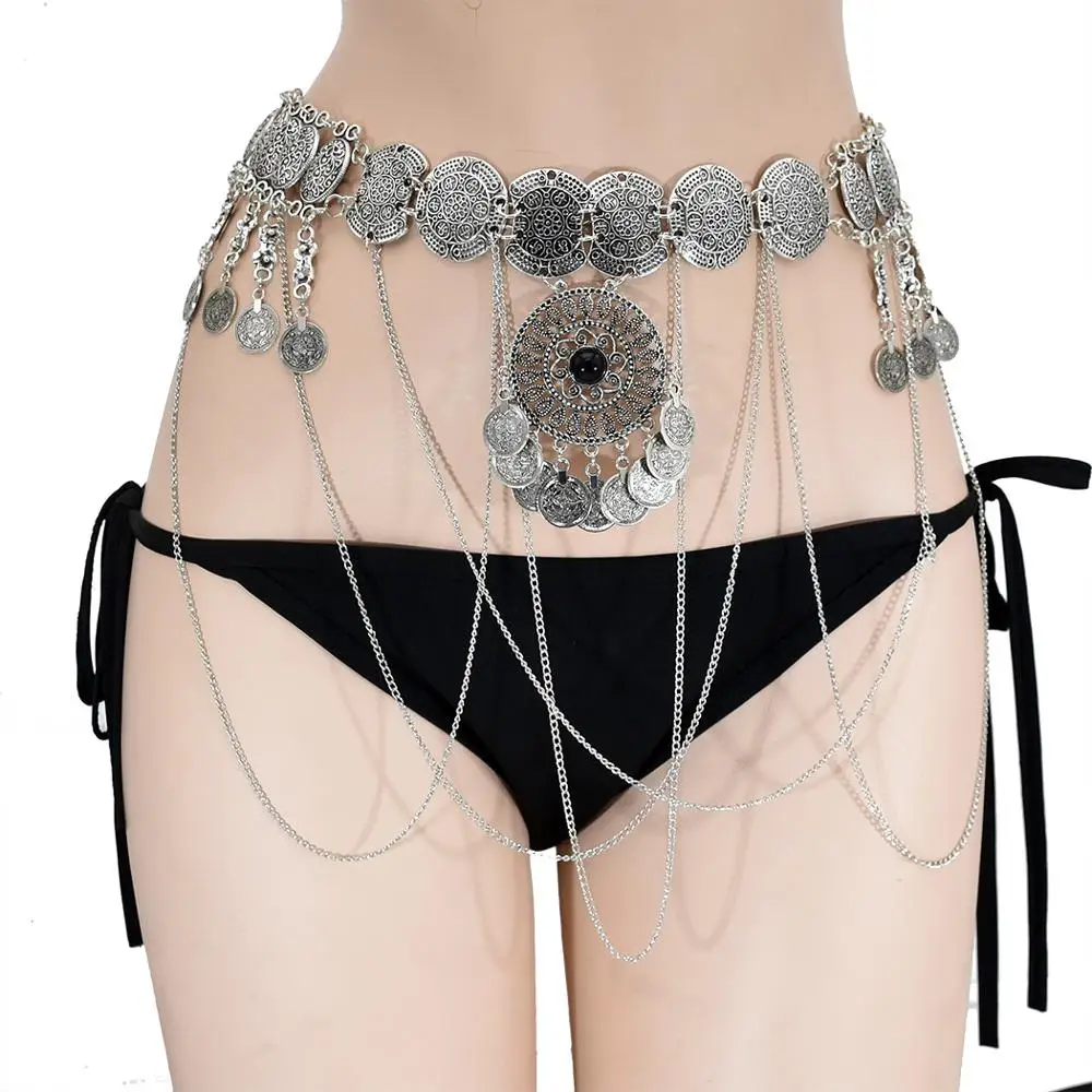 Women Dance Costume Accessories Waist Belt Belly Chain Jewelry Body Chain Swags Rhinestone Medallion Metal Coins Belly Belt