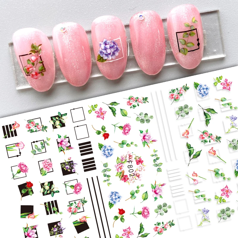 10PCS Aesthetic Art DIY Rose Flower Nail Sticker Black and White Art Petal Leaf Nail Slider Nail Beauty Accessories Decoration