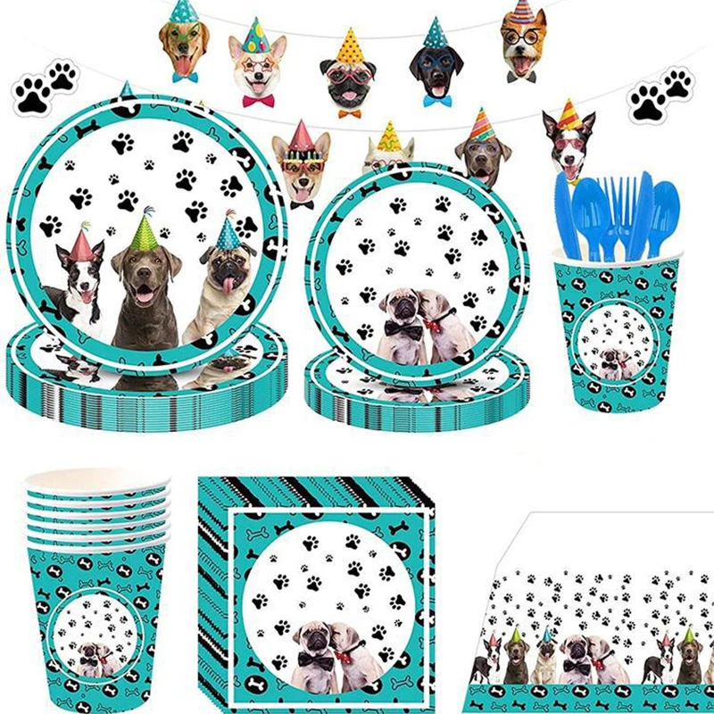 The New Pet Dog Theme Party Paper Cups Paper Plates Pull Flag Birthday Banquet Tableware Adornment Tablecloth Children's Day 358