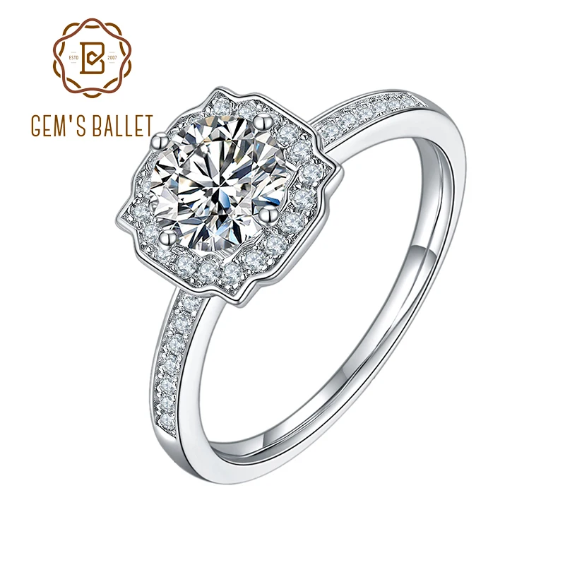 GEM'S BALLET Classic Diamond Jewelry 1Ct Round Moissanite Stone Halo Ring For Women 925 Sterling Silver Wedding Anniversary Ring