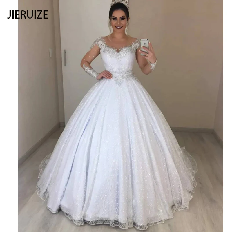 White Lace Bling Luxury Wedding Dresses Ball gown Long Sleeves Lace up Back Bridal Gowns Vestido De Noiva