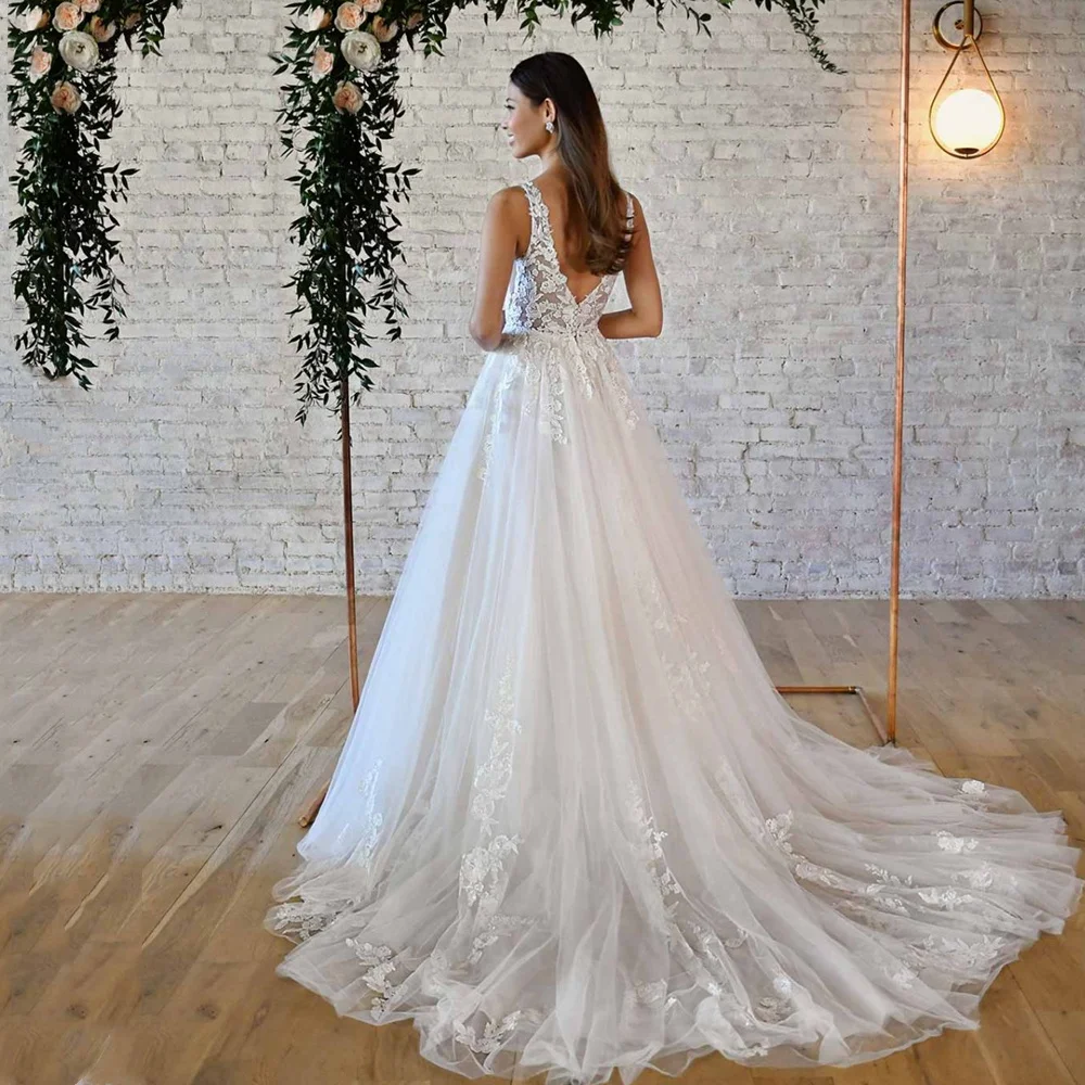 Luxo laço tanque manga a linha vestido de casamento com decote em v moderno vestidos de noiva sem costas vestido para a noiva ser robe de mariée