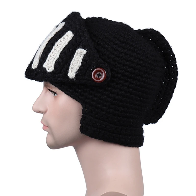 Unisex Autumn Crochet Knitted Roman Knight Helmet Beanie Hat Solid Color Barbarian Earflap Skullies Cap with Removable Gladiator