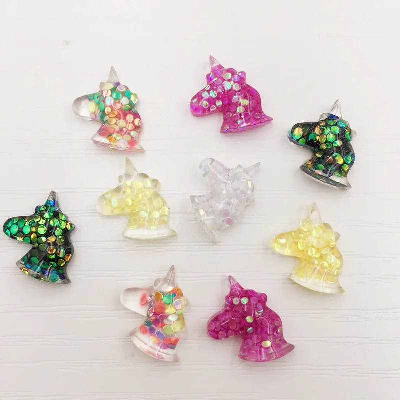 30Pcs Mix Resin Colorful Glitter Paillette Filled Unicorn Flatback Cabochon Rhinestone Scrapbook DIY Wedding Applique Ornament