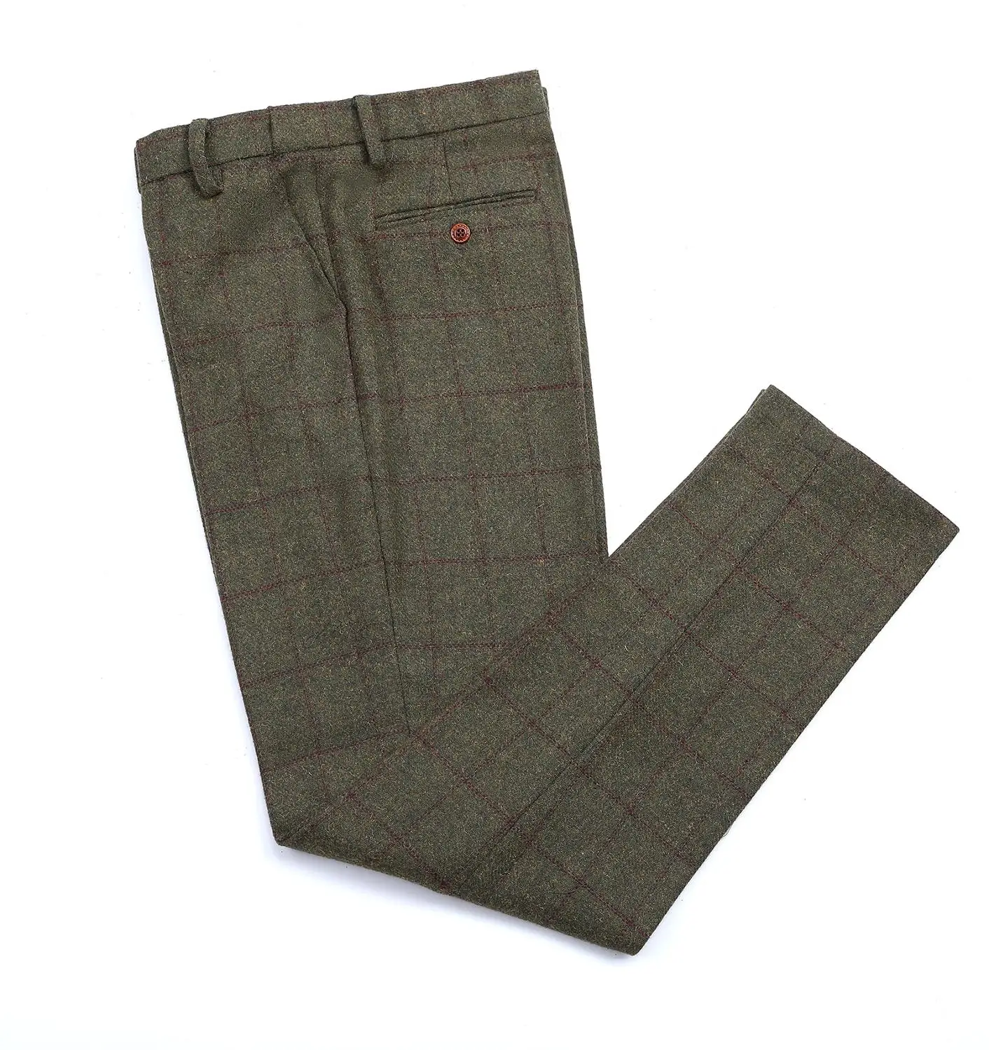 Men\'s Green Trousers Tweed Leisure Cotton Male Gentleman regular fit Herringbone Business Plaid Woolen Pants for Wedding Groom