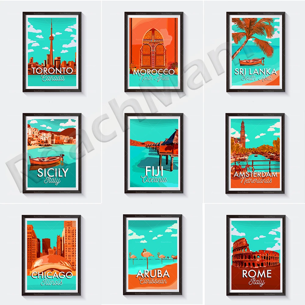 Amsterdam, Sicily, Italy, Havana, Cuba, Morocco, Rome, Sri Lanka, Fiji, Chicago, Canada, Aruba, Caribbean travel posters