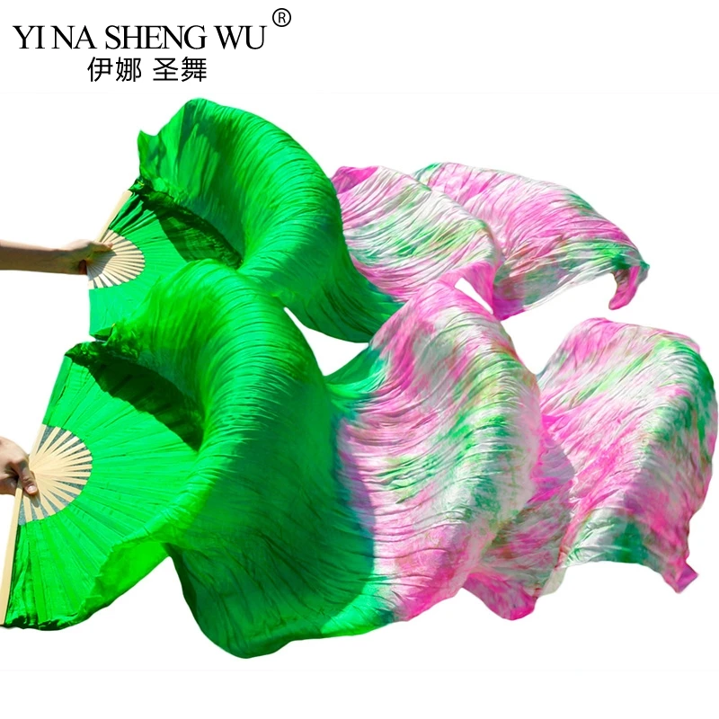 Real Silk/Imitation Silk Bamboo Ribs Long Silk Fans 1Pair Handmade Dyed Silk Fans Belly Dance Performance Fans Mixed Color