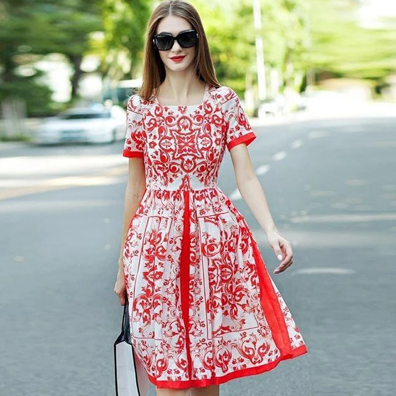 Milan Runway Designer High Quality Summer New Women'S Fashion Party Casual Sexy Beach Boho Vintage Elegant Slim Chic Print Dress