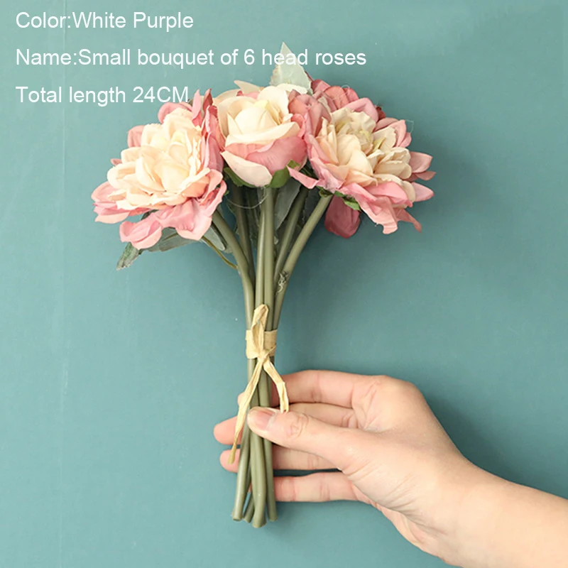 

10Pcs/lot Rose Bunch of 6Heads Silk Flowers for Home Decoration Wedding Hand Hold Bouquet Fake Flowers Wreath Roses