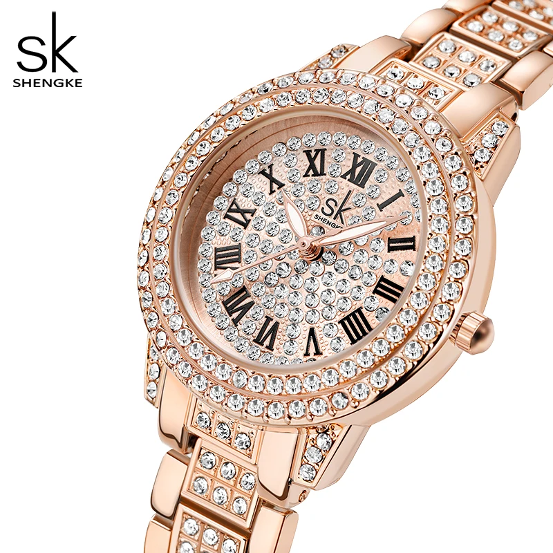 Shengke Luxury Crystal Diamond Woman Watches Rose Gold Romantic Women Color Watch Fashion Clock For Women Relogio Feminino