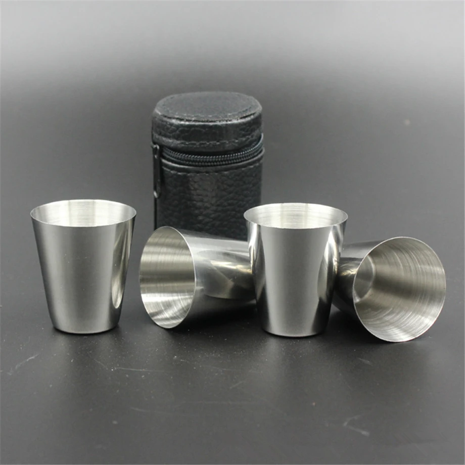 

500sets/Lot 4Pcs/set Wine Cup 30ml 1oz Shot Glass Pack Polished Tumbler Stainless Steel Portable Mug Leather Bag Set Keychain