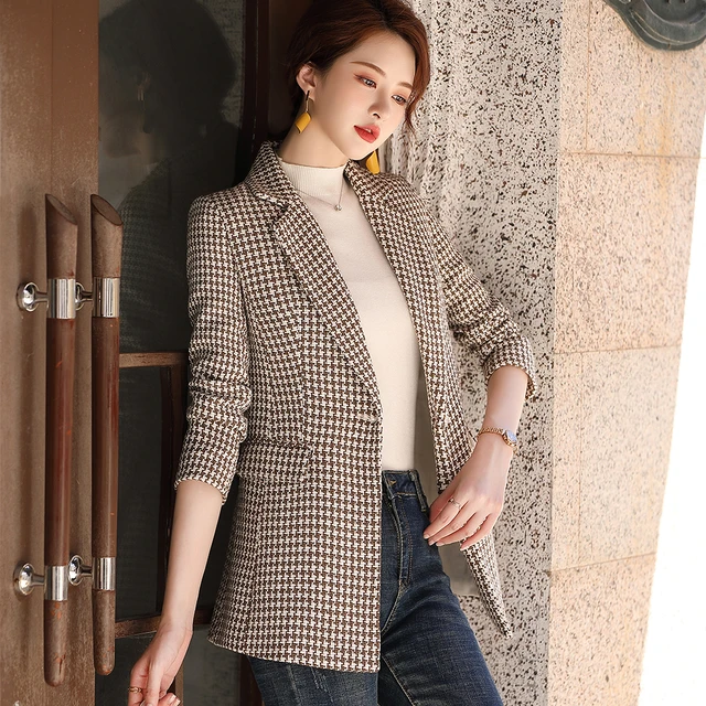 New Fashion 2021 Designer Ladies Blazer Jacket Women s Casual Black Coffee Plaid Size S 4xl Coat Blazers AliExpress