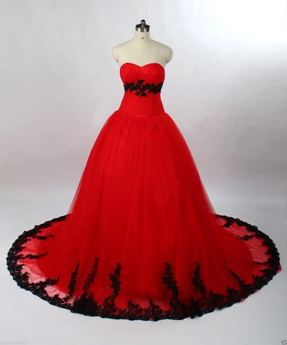 Vintage Zwart En Rood Trouwjurk Sweetheart Hals Gothic Kleurrijke Bruidsjurken Aan Te Passen