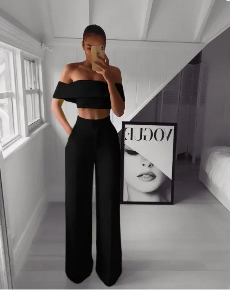 STYLISH LAD Ruffle Off the Shoulder 2 Piece Women Set Crop Top and Wide Leg Pant Set 2024 Autumn Office Lady Shiny Green Outfits