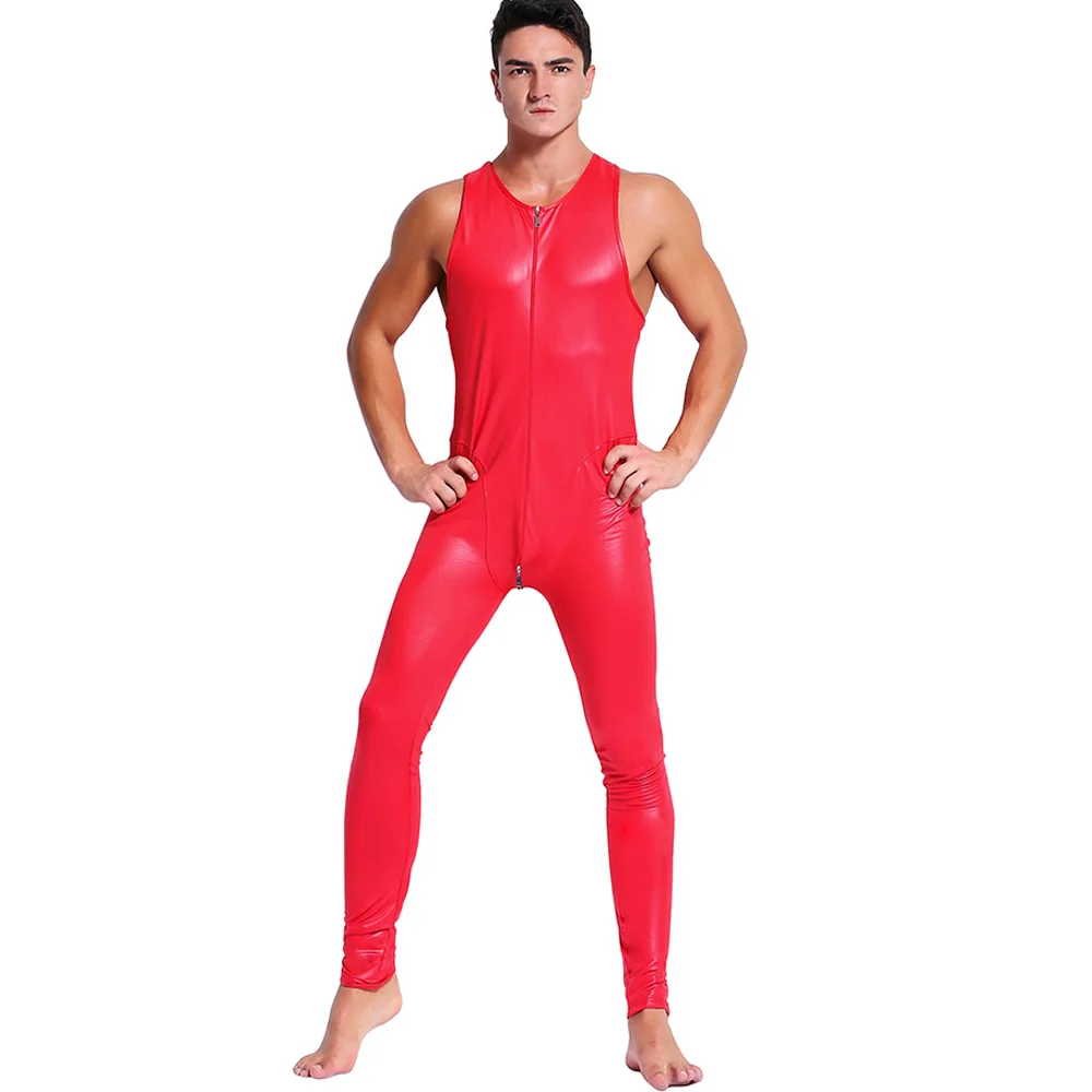 Men Sleeveless Leather Catsuit Bodysuit Black Red Shiny Two Ways Zipper Erotic Bodysuits Zentai Body Wear One Piece Jumpsuit XXL