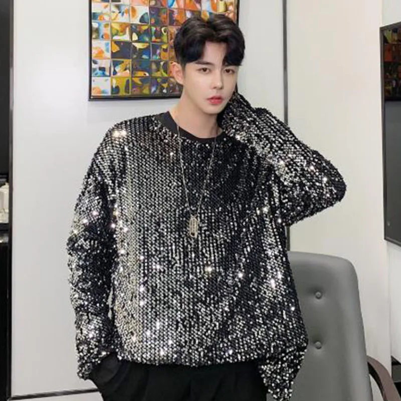 Men Long Sleeve Sequin Shining Loose Casual T-shirt Male Women Streetwear Hip Hop Punk Gothic Tees Shirts Stage Clothing