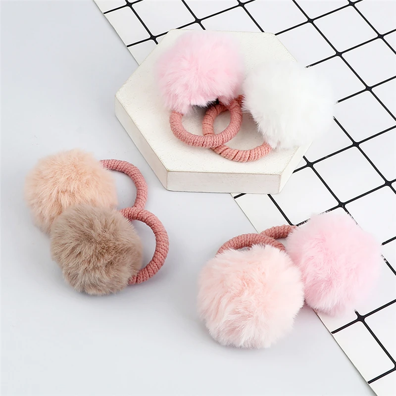 2PCS Furry Balls Hair Ties Cute Hair Rubber Bands For Children Girls Headwear Elastic Ponytail Holder Scrunchie Hair Accessories