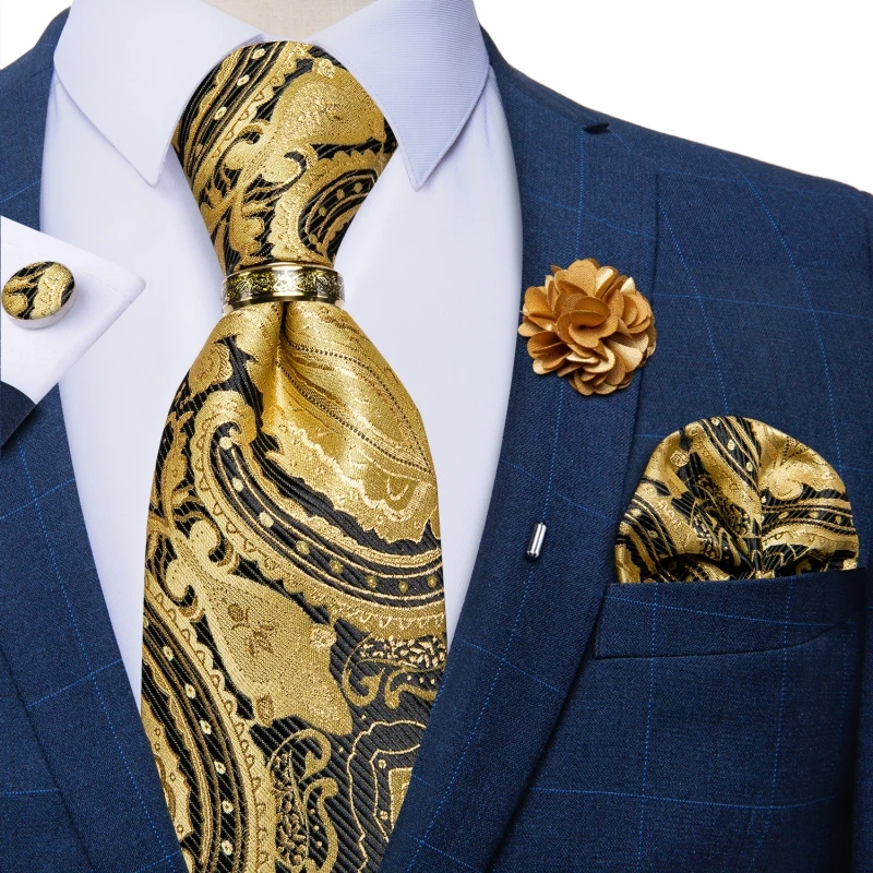 Luxuriöse Blau-Gold Paisley-Krawatten für Herren, Business-Hochzeits-Krawattenset mit Krawattenring, Brosche, Manschettenknöpfen und Einstecktuch – Detail 20