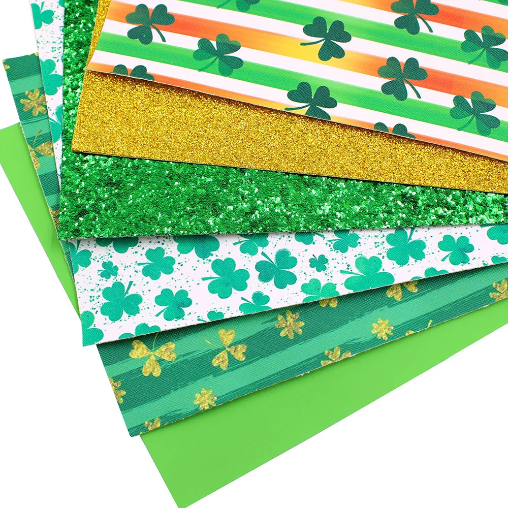 St Patrick's Theme Faux Leather Fabric Sheet Green Color Synthetic Leather Sheet 6 Pcs Assorted 7.7