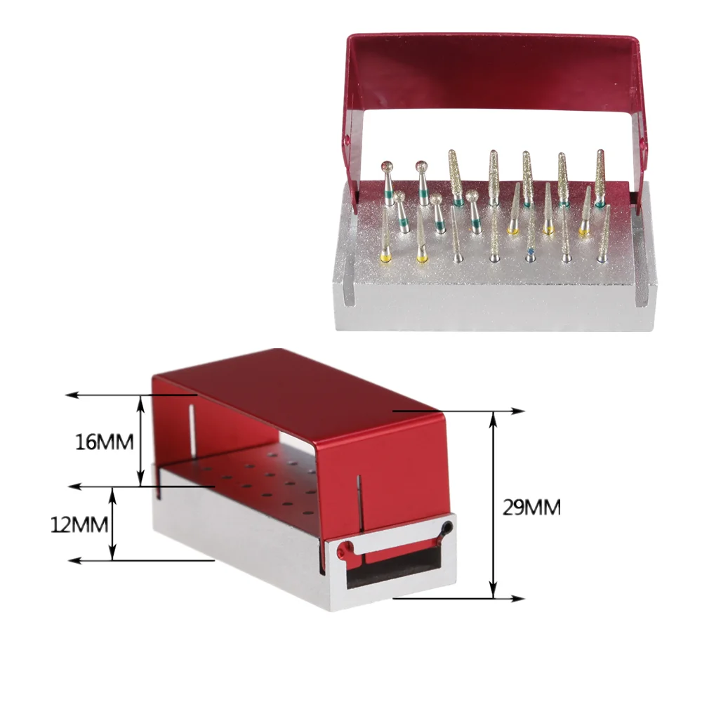 Dental FG 1.6mm Burs Holder Aluminium Sterilizing Disinfection Box With 20 pcs Diamond Burs Drills kit Red Color Dental Tools