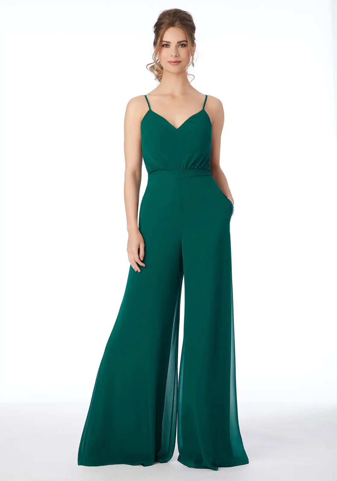 Emerald สีเขียวชีฟอง Jumpsuit กับกระเป๋า Robe De Soirée De Mariage Robe Demoiselle D Honneur Femme Keyhole กลับ