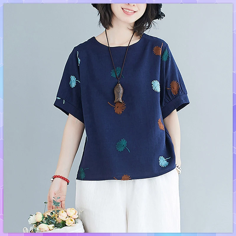 Floral Print Oversized Cotton Linen T-Shirt Women's Tee Shirt Ladies Summer Tops Elegant Short-Sleeve T-Shirts Blusas Ropa Mujer