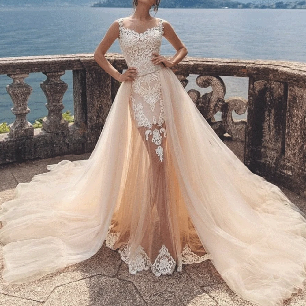 SuperKimJo Vestido De Casamento Champagne Wedding Dresses for Bride Lace Applique Beaded Detachable Train Wedding Gown Vestidos