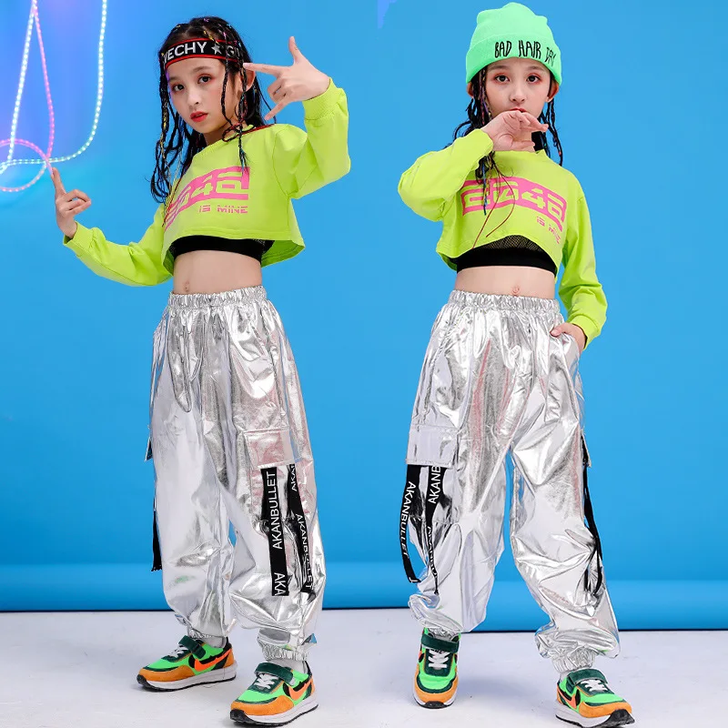 

Children Hip Hop Clothing Green Sweatshirt Top Crop Casual Pants Girl Kids Jazz Dance Wear Costume Ballroom Dancing Clothes