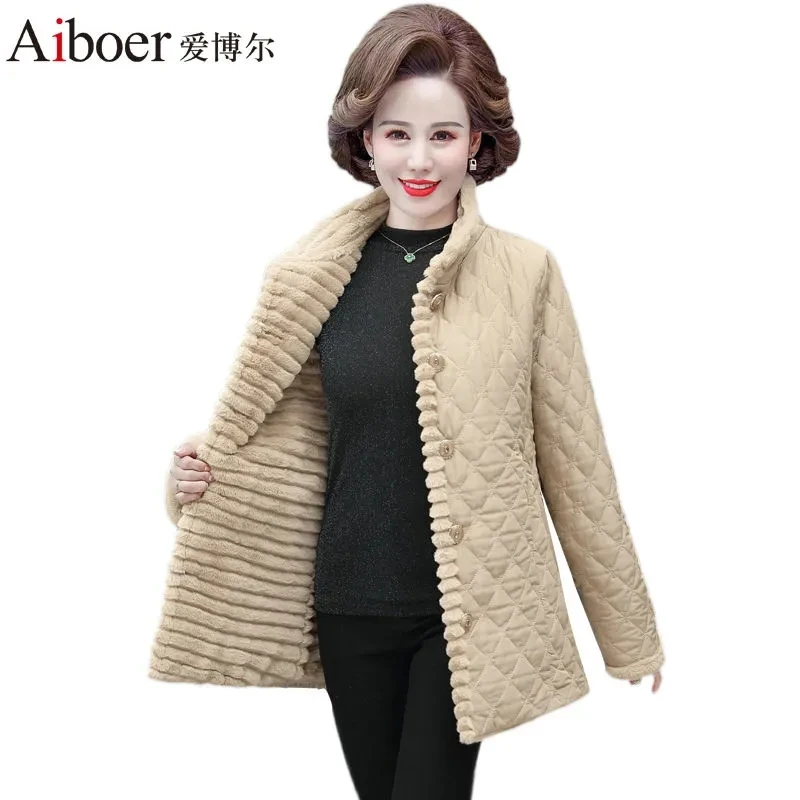 Winter New 2023 Add Velvet Keep Warm Ladies Jacket Stand-Up Collar Cotton Middle-Aged Mother Dress Thick Cotton Clothing