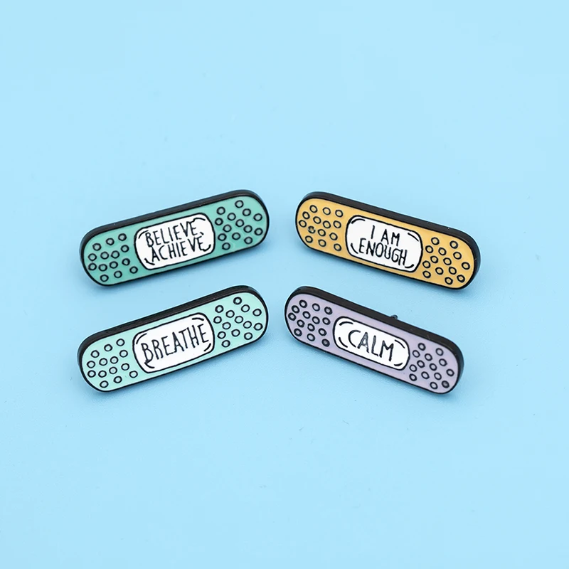 Classic Letter Band-Aid Design Enamel Pins Believe Achieve I Am Enough Breathe Calm Bandage Brooches Medical Healing Badge