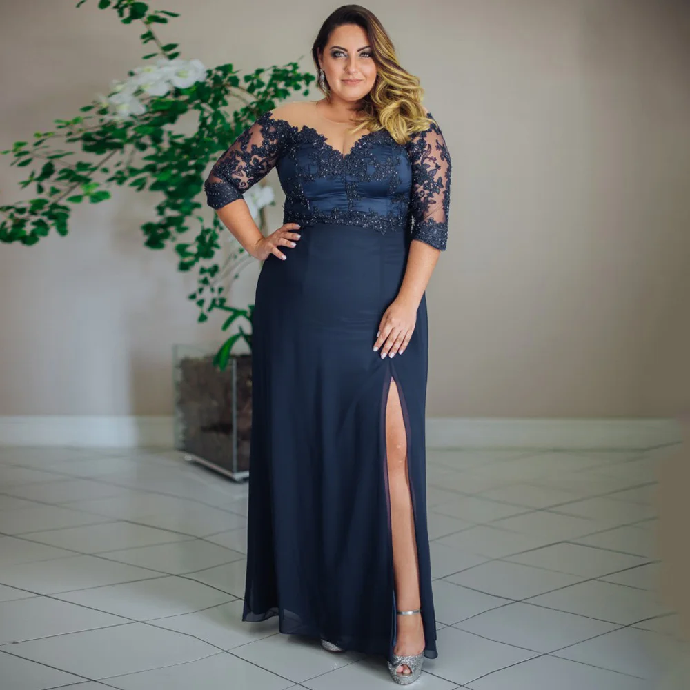 Navy Blue Mother of The Bride Dress Plus Size Groom's Mom Gown Half Sleeve Side Slit Wedding Guest Dresses