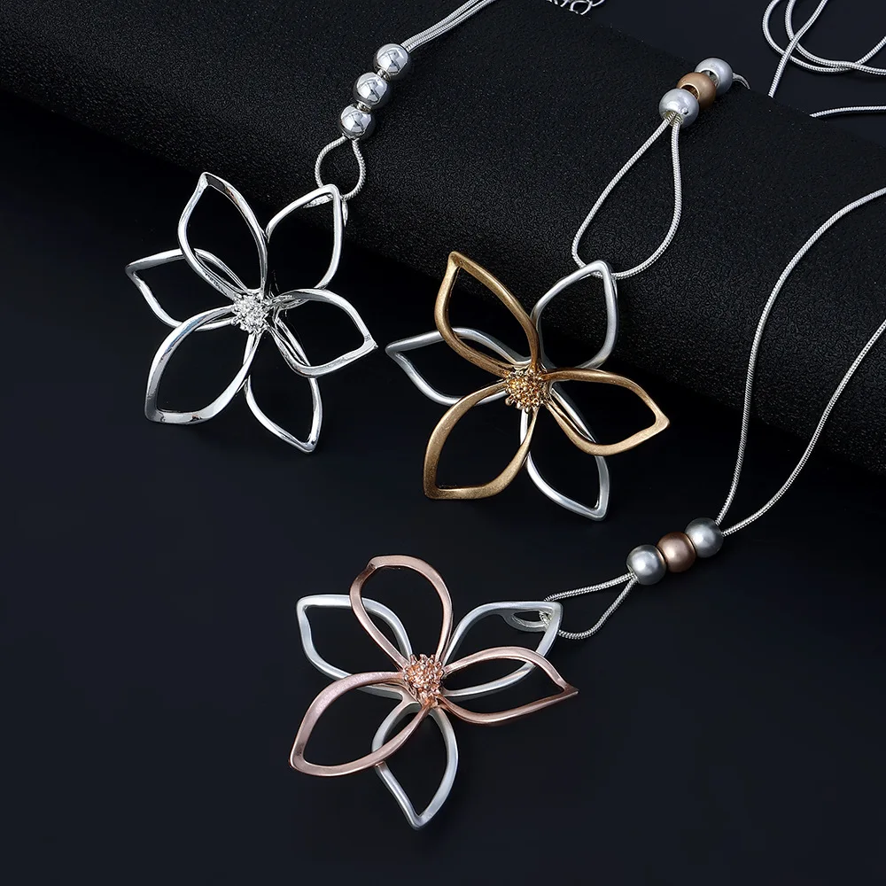 1 Piece Large Flower Metal Pendant Long Necklace Collier Femme Sweater Chain Necklace For Women