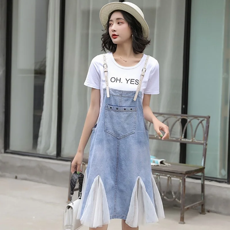 

New Summer Korean Sleeveless Spaghetti Strap Womens Mesh Patcwork Denim Dresses Loose Pockets Knee Length Female Trumpet Dresses