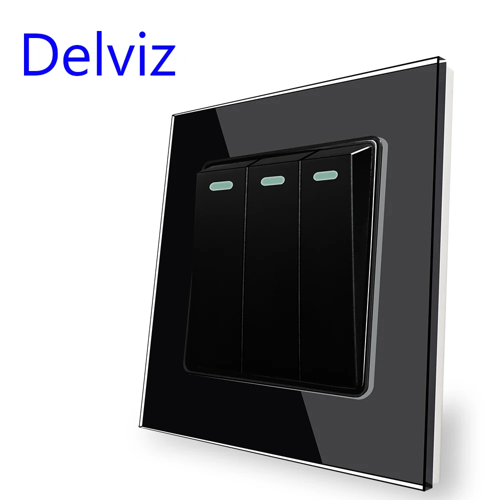 Delviz 16A Push Button Switch, Crystal Glass Panel, UK For residential decoration, AC 110V~250V, 3 Gang 2 Way Wall Light Switch