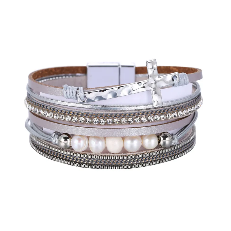 Leather Bracelets for Women Pearl Rhinestone Crystal Metal Charm Wide Multilayer Wrap Bracelets & Bangles Jewelry