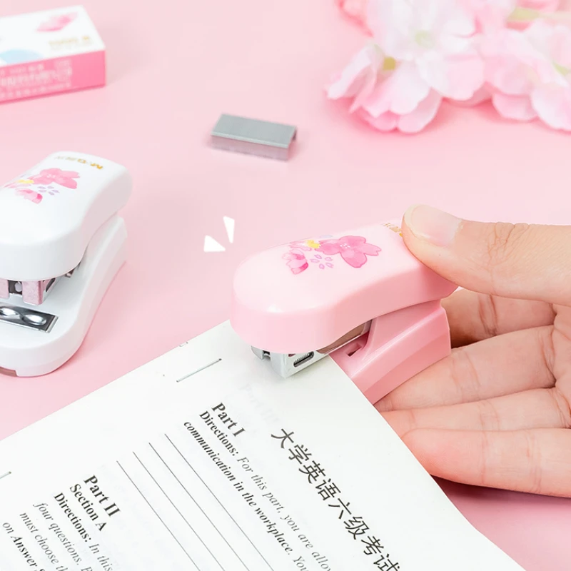 Kawaii mini cherry blossom stapler small fresh and portable hand-held test paper data sorting small labor-saving stapler set