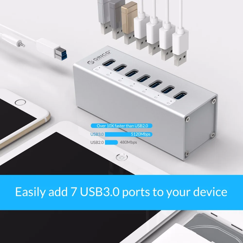 ORICO-HUB USB 3,0 de aluminio, 5Gbps, 7 puertos, divisor USB 3,0 con adaptador de corriente de 12V, compatible con BC 1,2, divisor de carga para PC y portátil