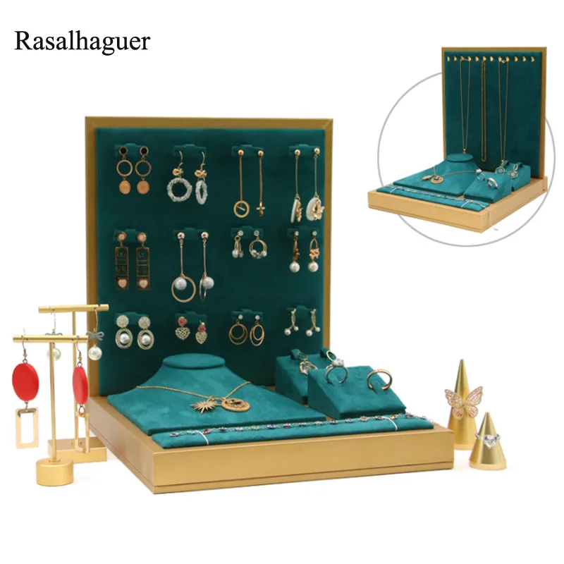 

New 6 in1 Set Ornament Display Stand Green Microfibe rJewelry Earring Holder Necklace Bracelet Ring For Counter Jewellry Dispaly