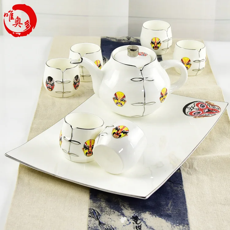 Bone china tea set one pot six cups kungfu tea ceremony ceramic gift advertising customized screen