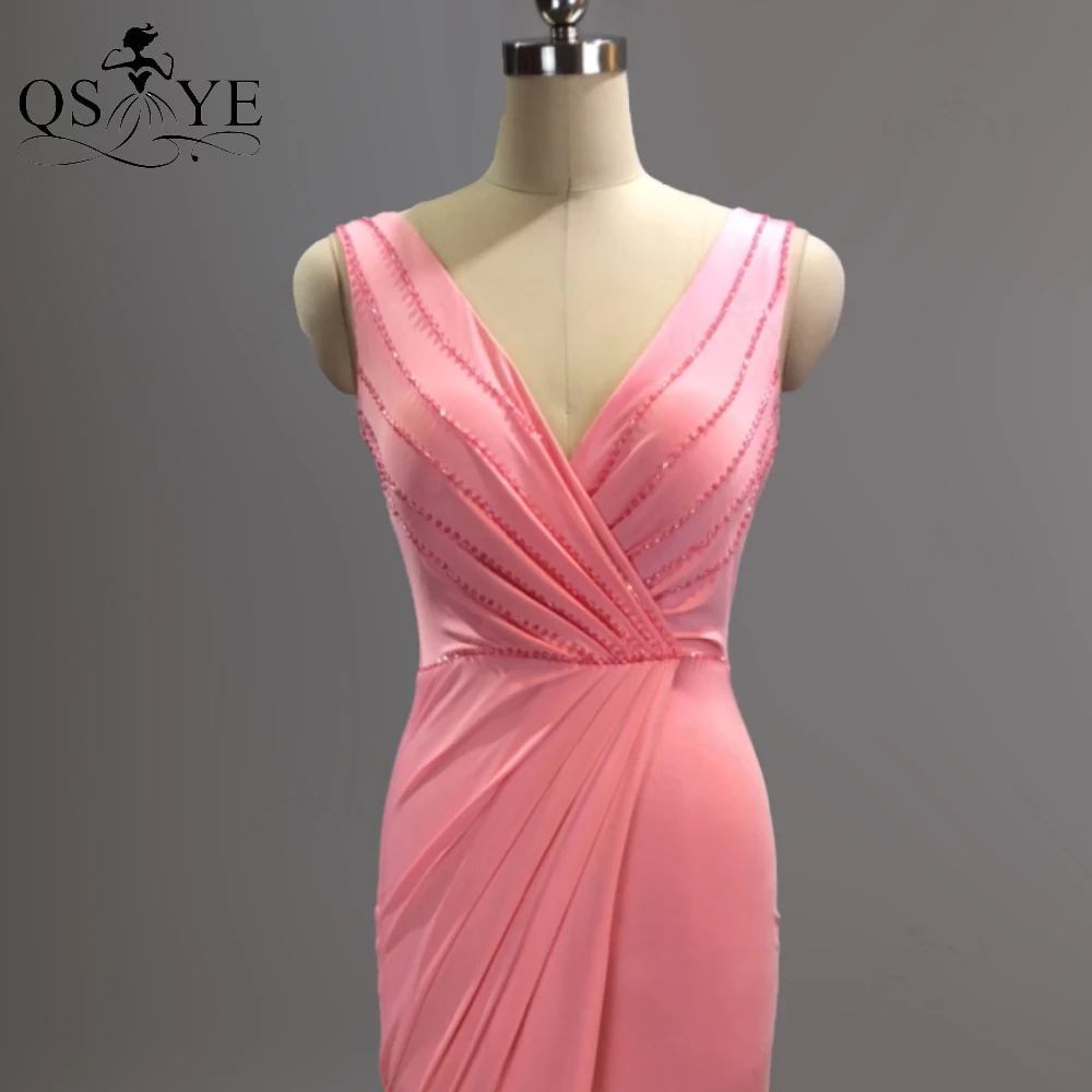 Blush Pink Prom Dresses abito da sera con perline elastico sirena Spandex abiti da festa Sexy scollo a V increspato abito formale lungo 2021